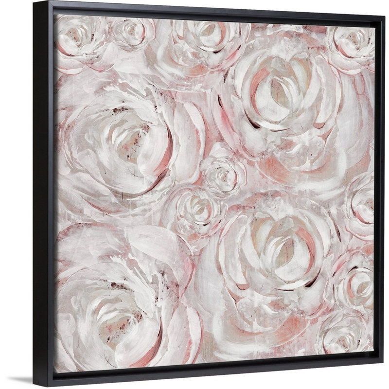 « rosé double iii », peinture sur toile, H 17,7 po x l 17,7 po, Reproduction avec cadre flottant, Noir