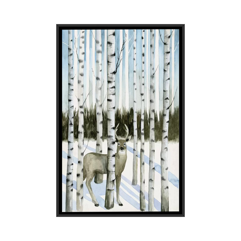 «Deer in Snowfall I» par Grace Popp - impression sur toile, H 48 po x l 32 po x P 1,5 po, Toile avec cadre noir, Pas de tapis