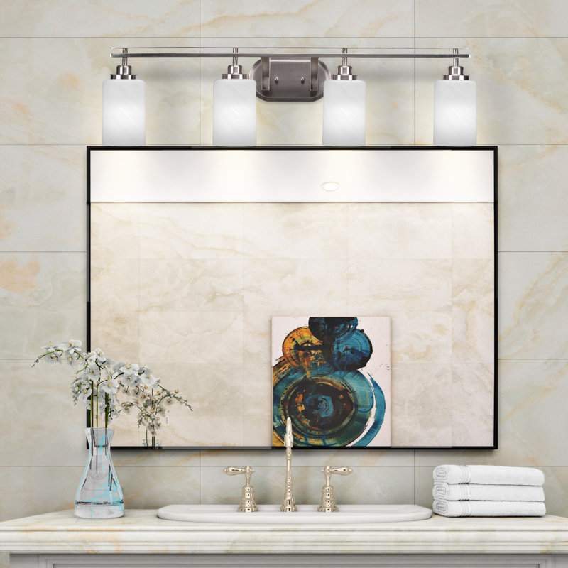 Brushed Nickel 4-Light Vanity Bar with White Glass Shades
