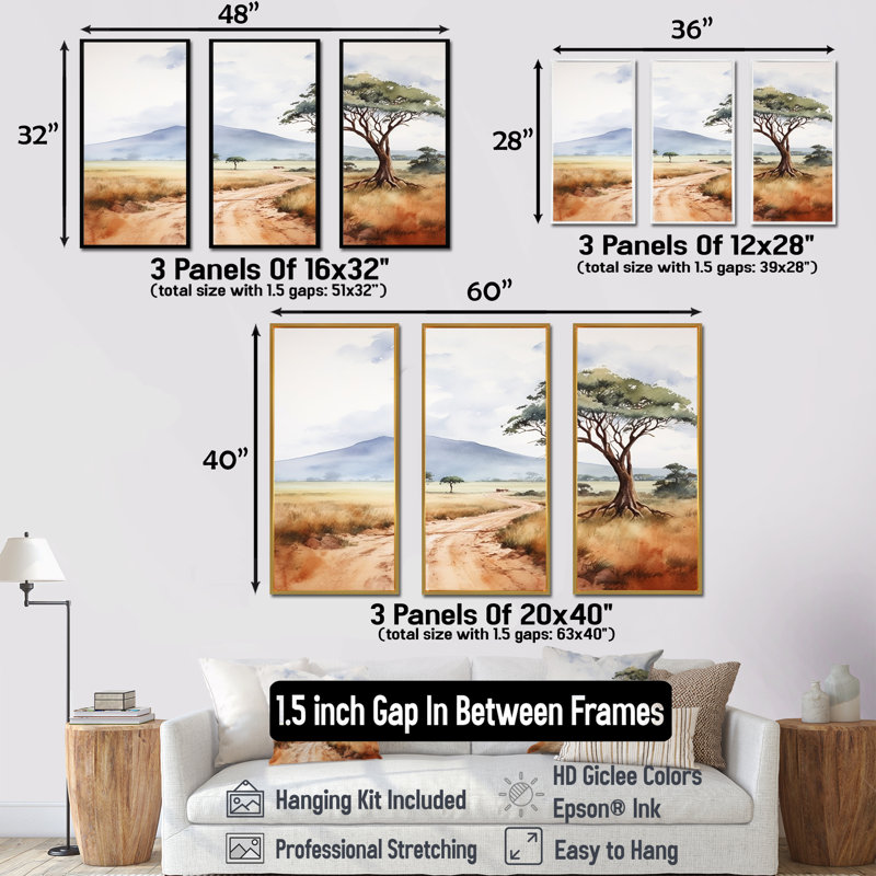 «African Wild Life Landscape III», ensemble d'art mural africain, Cadre flottant blanc, H 32 po x l 48 po x P 1 po