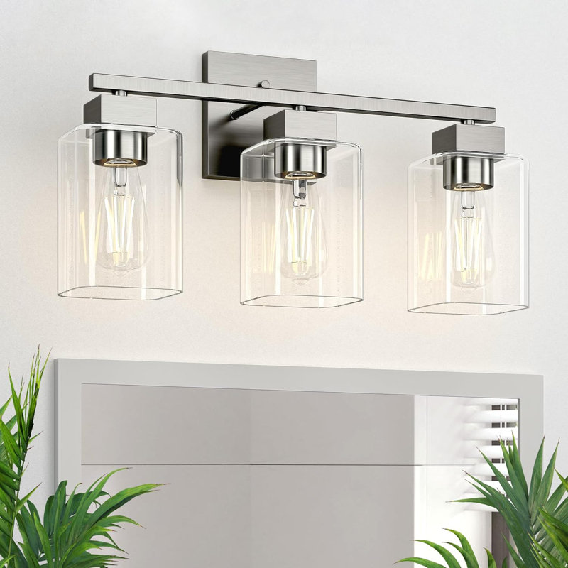Brushed Nickel Bathroom Vanity Light Fixture With Square Design, 3-Light Over Mirror, UL Certified, Durable Metal Frame & Clear Glass Shades