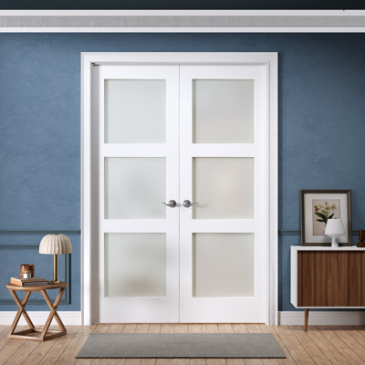 Door Harbor 80 in. H Glass and Solid Wood Primed French Doors with Hinges and Door Frame