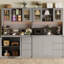 71 in Tall Kitchen Pantry Cabinet, Kitchen Storage Hutch with Led Lights and Power Outlets, Microwave Stand, Glass Door, Adjustable Shelves, Handless Design, Grey