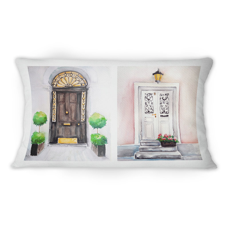 Portes d'entrée rétro noires et blanches - Coussin décoratif imprimé rétro 12 po x 20 po