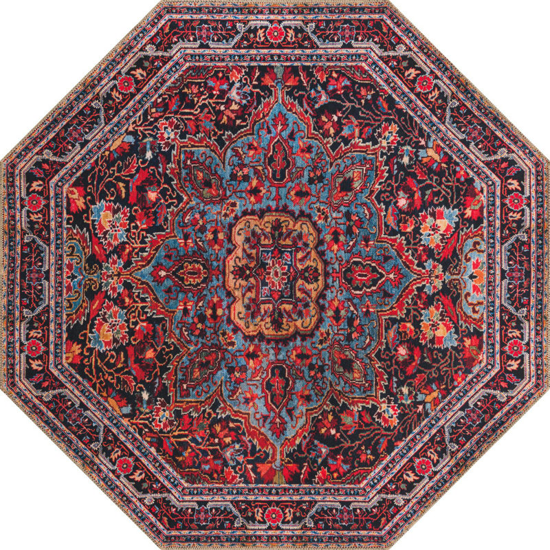 Tapis traditionnel oppi noir / bourgogne, Octogone 5 pi 1 po