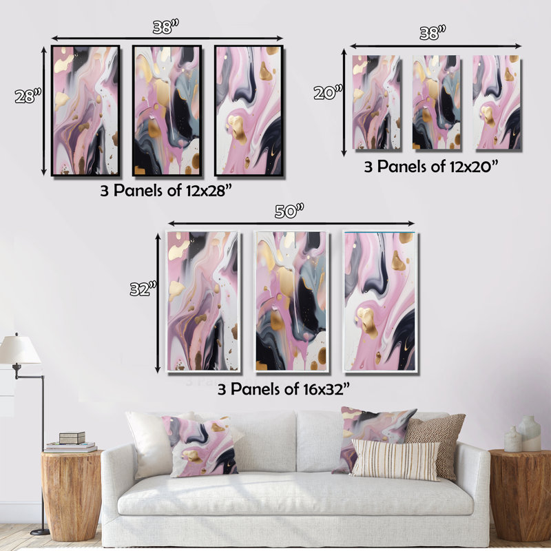«Gold and Pink Swirl Ink», 3 pièces sur toile, Cadre flottant doré, H 40 po x l 60 po