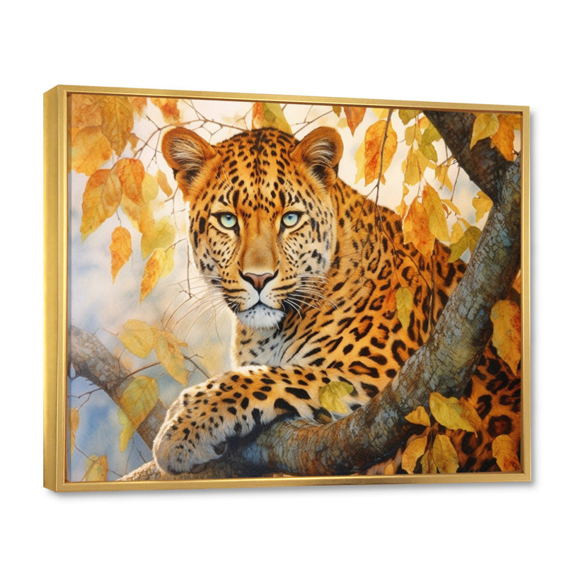 Leopard Grace I - Art mural toile Leopard, Cadre flottant doré, H 16 po x l 32 po x P 1 po