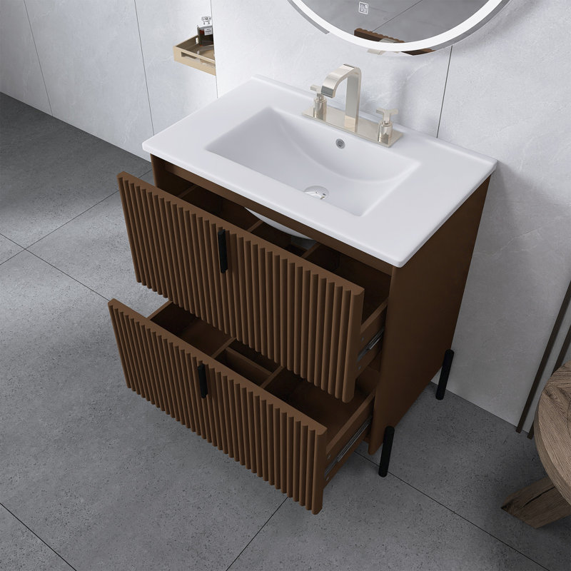 Meuble-lavabo autoportant de 30 po avec lavabo en céramique, Marron foncé