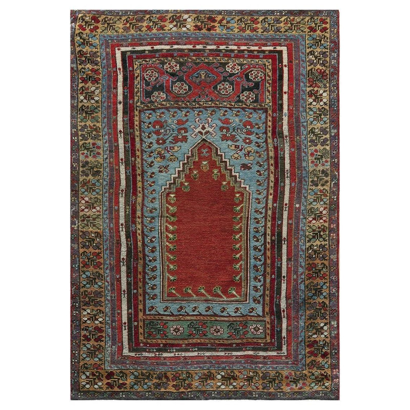 1860s Red Antique Medallion Tribal Turkish Village Kirshehir Knotted Prayer Rug