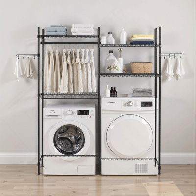 Over The Washer and Dryer Storage Shelf, 4 Tier Laundry Room Drying Rack with Hanger Rod and Hooks, Adjustable Over Washer and Dryer Shelves, Laundry Room Shelf Storage Space Saver, Black