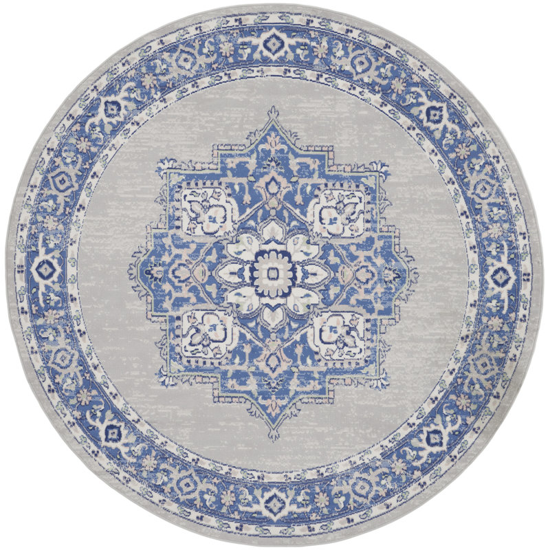 Tapis oriental bleu / ivoire Comptche, Rond 8 pi