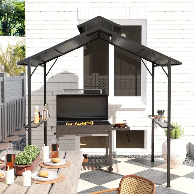 Abri de barbecue 8 po x 5 pi à toit rigide pour barbecue, toit en métal double avec tablettes latérales et crochets pour la cour arrière