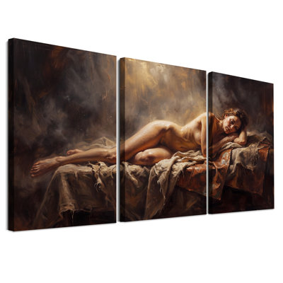 Reclining Nude Woman in Warm Tones Set Of 3 Canvas Wall Art