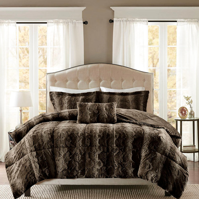 Édredon en fausse fourrure double / grand -, 2 taies décoratives et coussin décoratif en literie brun foncé, brun, accessoire décoratif gracieux