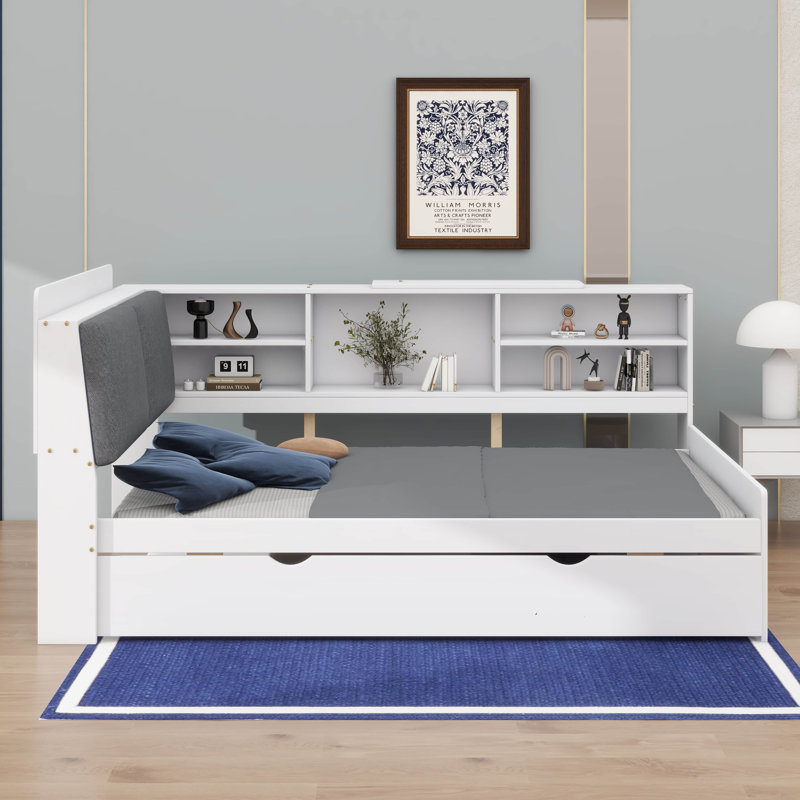 Platform Bed With An Underbed Trundle, Shelves, And A Storage Headboard, Twin, White