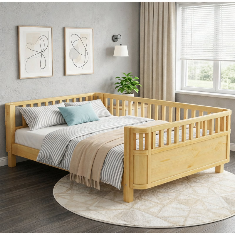 Lit plateforme en bois avec rails de sécurité, conception à profil bas, Naturel, Lit double