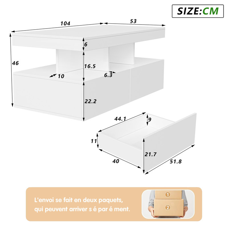 104cmW Modern UK High Gloss Coffee Table with RGB LED (App-Control), 2 Large Storage Drawers & Open Shelf, White