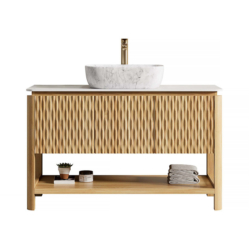 Meuble-lavabo de salle de bain, meuble de rangement autoportant en contreplaqué avec portes en bambou et tablette ouverte, vasque en céramique à motif marbré et plateau en pierre frittée
