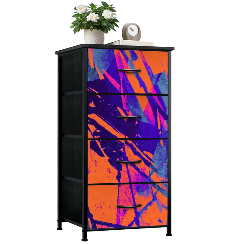Commode pour la chambre à coucher avec 4 tiroirs de rangement à motif géométrique abstrait Couleurs néon audacieuses Commodes à formes dynamiques Commode en tissu avec cadre en acier pour vestibule