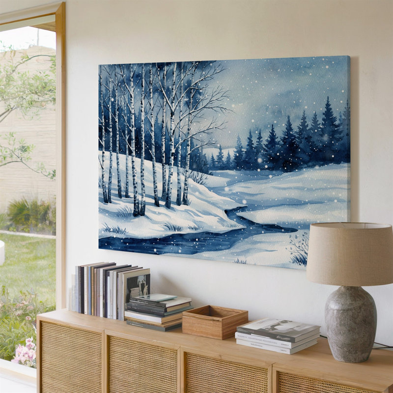 Toile, "Un paysage d'hiver tranquille avec une forêt sereine recouverte de neige avec de grands bouleaux élancés présentant une écorce blanche"