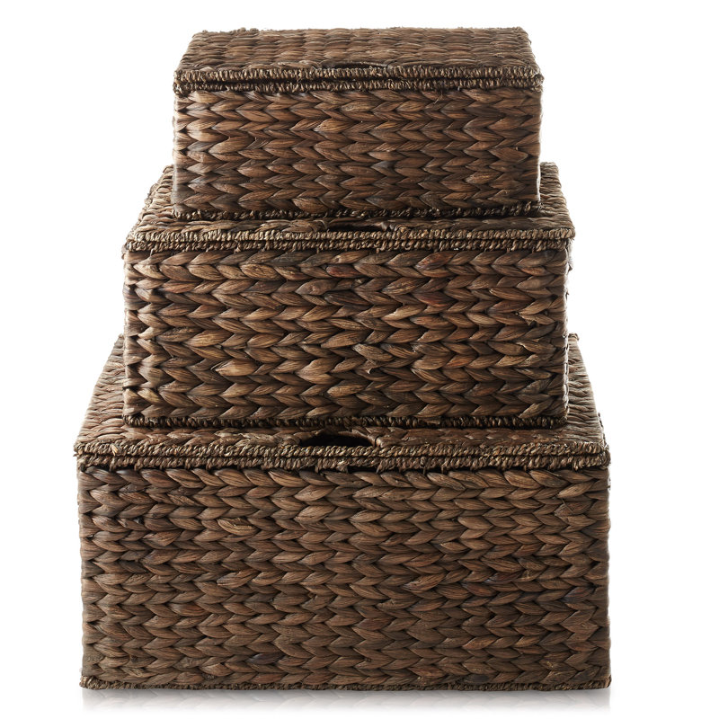Casafield Water Hyacinth Rectangular Storage Baskets with Lids (Small, Medium, and Large)