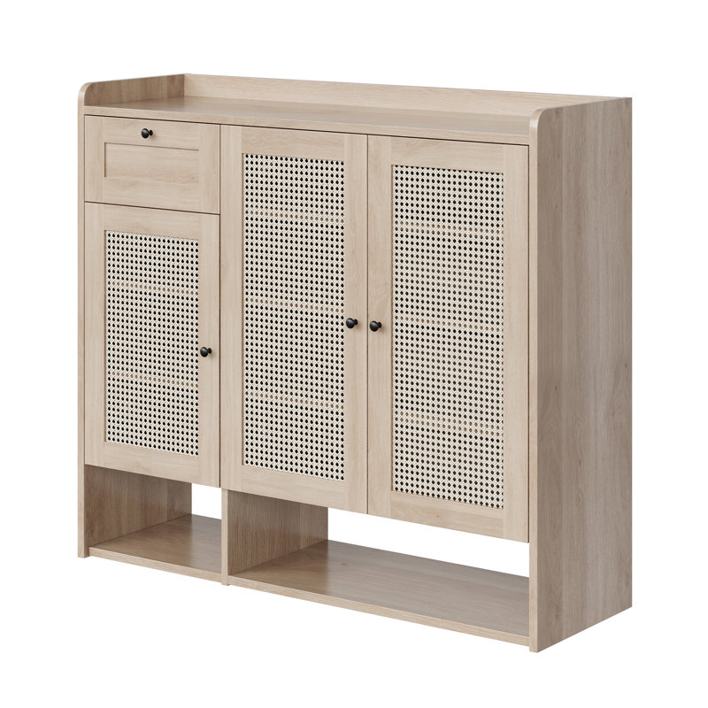 Meuble à chaussures en bambou et en rotin – Meuble d'entrée étroit avec tiroir et tablette, Bois naturel