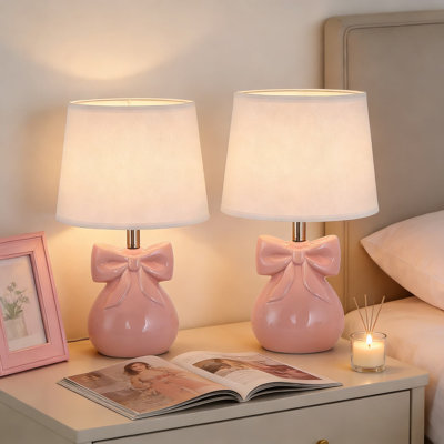 Ceramic Table Lamps Set Of 2 With Bow Design And Linen Shade, Modern Bedside Nightstand Lighting For Bedroom, Living Room, Includes Bulbs And Rotary Switch