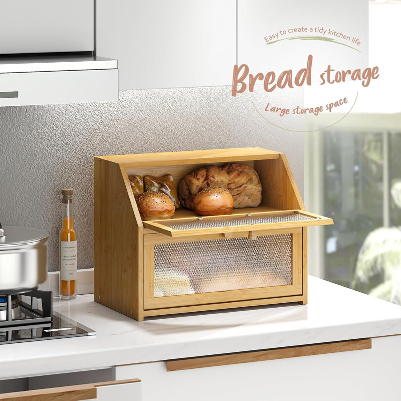 Natural Bamboo Double Layer Bread Box with Diamond Pattern Windows
