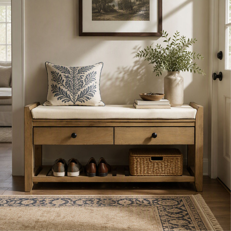 Étagère à chaussures avec siège rembourré et tiroirs, banc de rangement multifonctionnel pour entrée ou couloir, Old Pine
