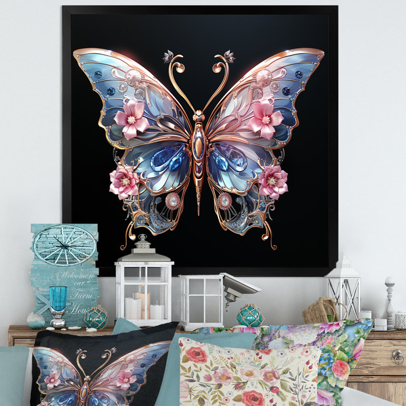 «Blue and Pink Crystal Butterfly III», art mural papillon, Cadre simple noir, H 16 po x l 16 po x P 1 po