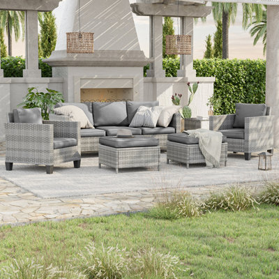 Patio Outdoor Furniture Set Rattan Coversation Seating Set Thickening Cushions With 3-Seater, Ottomans for Lawn, Poolside
