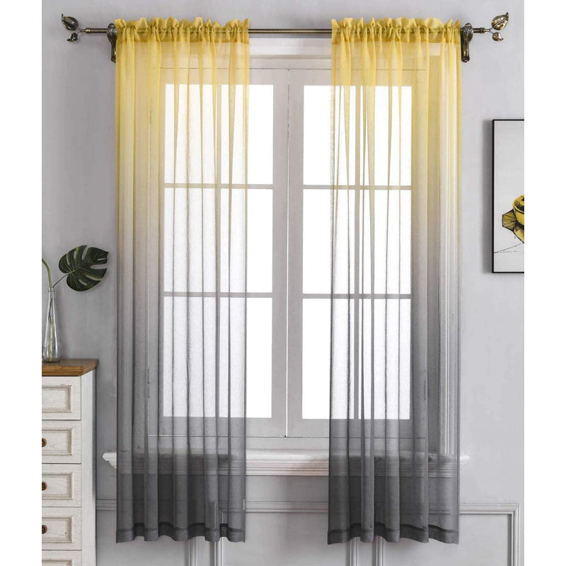2 panneaux de rideaux semi-diaphanes avec passe-tringle, Jaune / gris, L 57 po x L 84 po