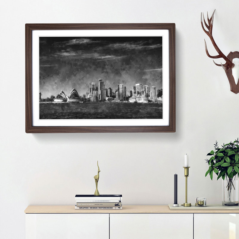 Sydney Australia Skyline - Picture Frame Painting Print, 24cm H x 33cm W x 2cm D, Walnut Framed