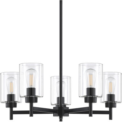 Lustre 5 lumières Lighting avec finition en nickel brossé et abat-jour en verre givré transparent, plafonnier classique pour salle à manger, salon et salle de réunion