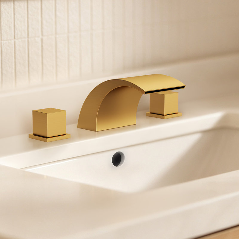 8 in. Widespread Bathroom Faucet 3 Hole, 2-Handle Waterfall Deck Mount Bathroom Sink Faucet with Drain Assembly, Brushed Gold