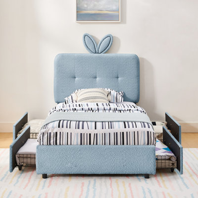 Lit simple avec tissu bouclé doux, DEL et 4 tiroirs coulissants pour une tête de lit surdimensionnée avec oreilles de lapin, lumières et unités de rangement Cozy