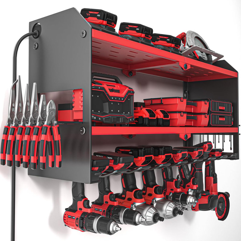 Power Tool Storage Rack With Surge Protection Power Strip And Charging Station