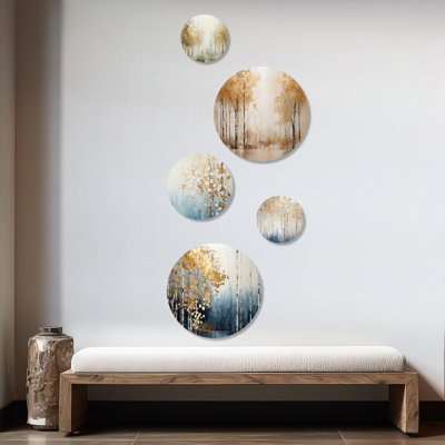 Minimalisme, forêt bleue et dorée - ensemble d'art mural rond 5