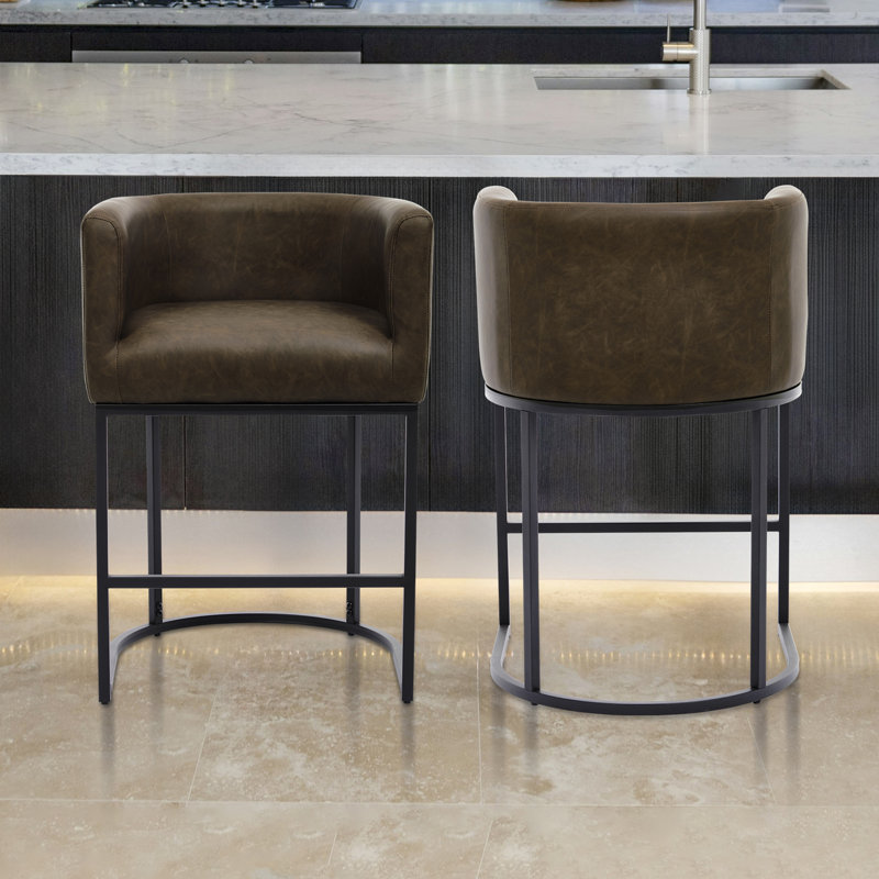 Upholstered Counter Height Bar Stools, 25.5'' H Modern Barrel Counter Stools With Backs And Arms, Metal Legs, Accent Barstools For Kitchen Island/Breakfast Bar/Home Pub