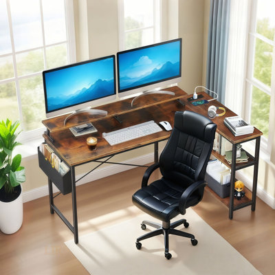 Bureau de jeu de 47 po avec prises de courant, bureau d'ordinateur en L réversible avec support pour moniteur et tablettes de rangement, bureau de coin avec sac latéral pour bureau à domicile, chambre à coucher, petit espace, rétro