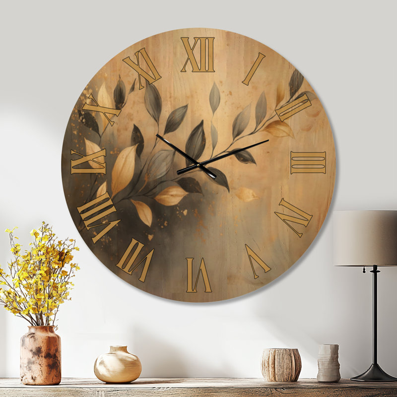 Horloge murale botanique ronde Golden Whisper Branch, impression sur bois, Très grand