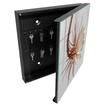 Decorative key box for wall, Opens to the right, 30x30x5, Black, A delicate flower in subtle shades, 