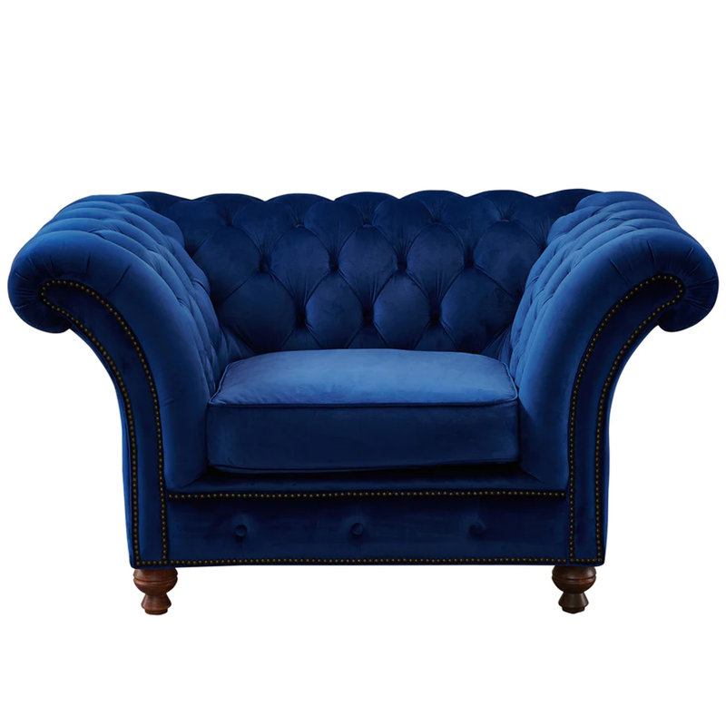 Peppie Velvet Chesterfield Chair, Blue Genuine Leather
