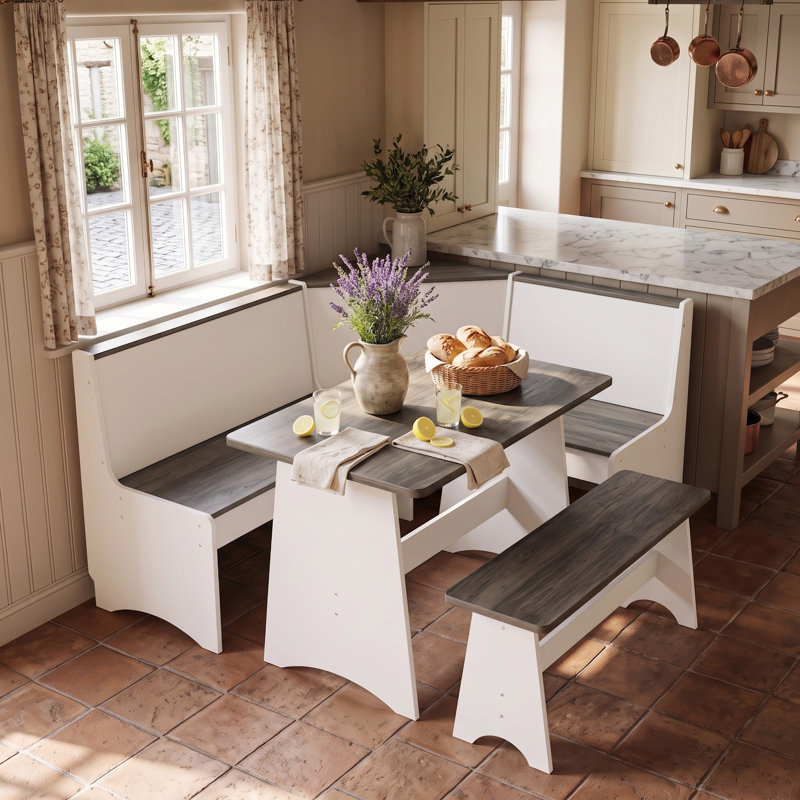 Breakfast Nook Table Set,With Storage Function Dining Nook Set With Corner Bench, White/Gray