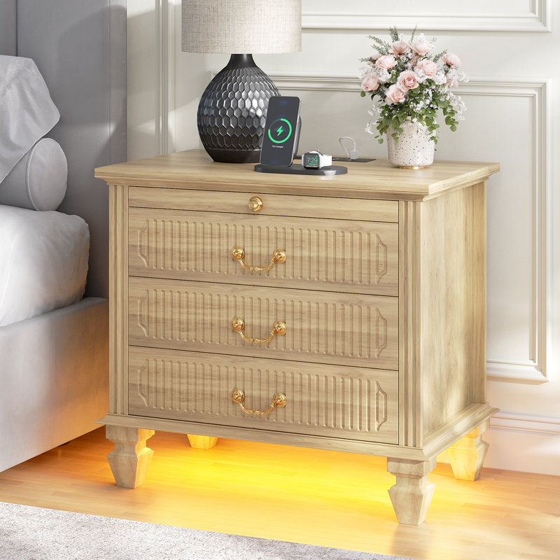 Solid Wood Legs Bedside Table with 3 - Drawer, Charging Station and Motion Sensor Led Light, Oak