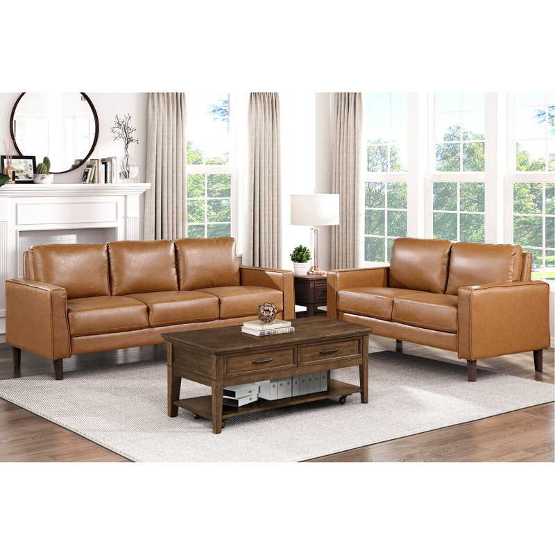 Canapé 2 pièces contemporain en similicuir brun avec coussins de dossier et d'assise fixes, rembourrage en mousse moderne sur ressorts ensachés