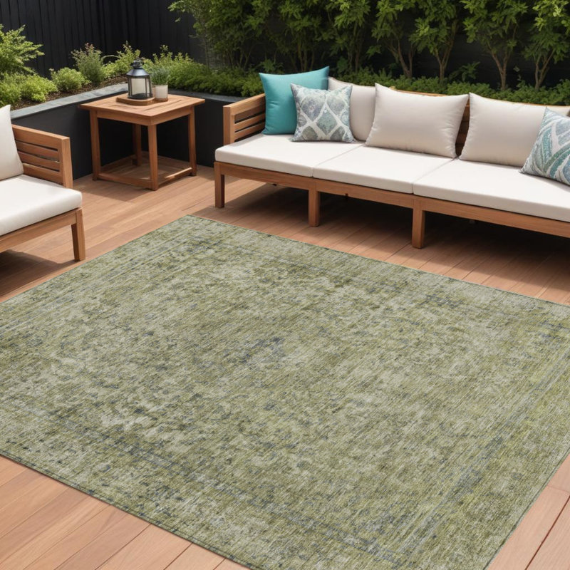 Tapis d'extérieur lavable abstrait 8 pi x 10 pi sauge et beige