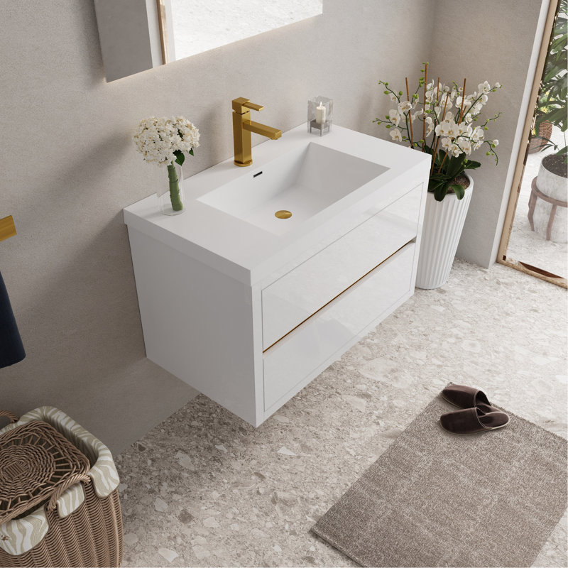Meuble-lavabo de 36 po avec lavabo, pré-assemblé, intérieur spacieux, plateau en résine de pierre, armoire en bois, blanc brillant 36 po, rangement et comptoir, tiroirs à fermeture en douceur pour plus de confort