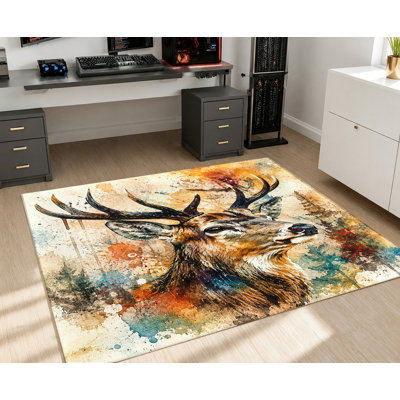 Tapis antidérapant en velours, motif abstrait aquarelle artistique de cerfs, tapis décoratif, décoration intérieure unique pour salon, chambre, salle à manger, couloir, appartement