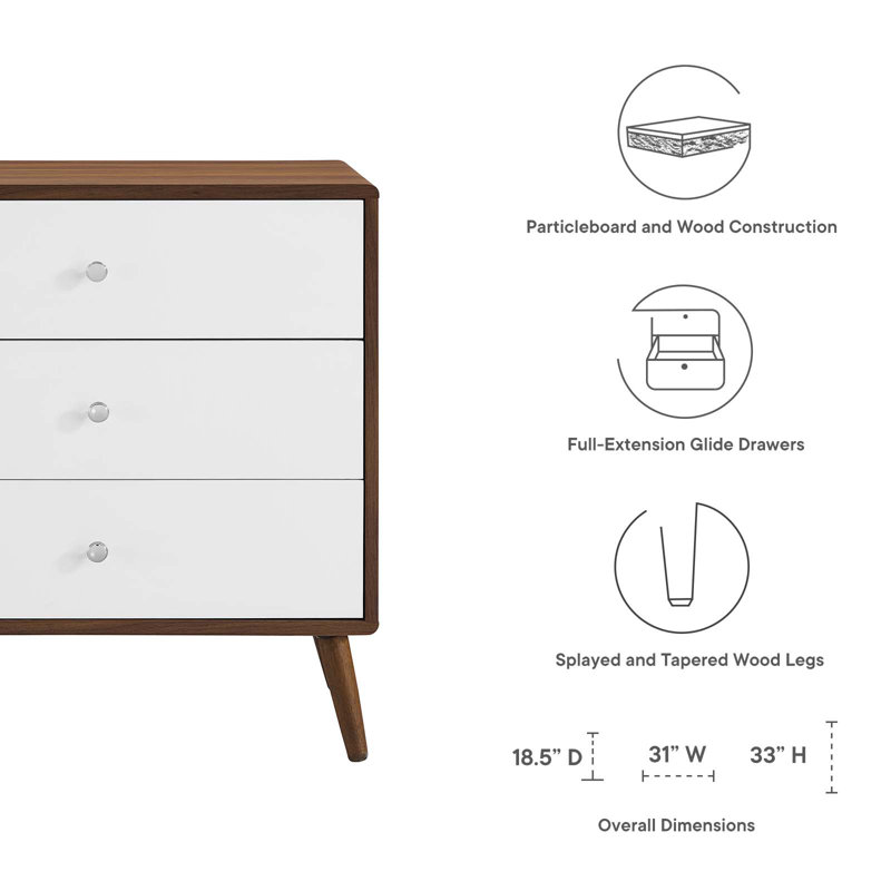 Mid-Century Walnut and White 3-Drawer Chest